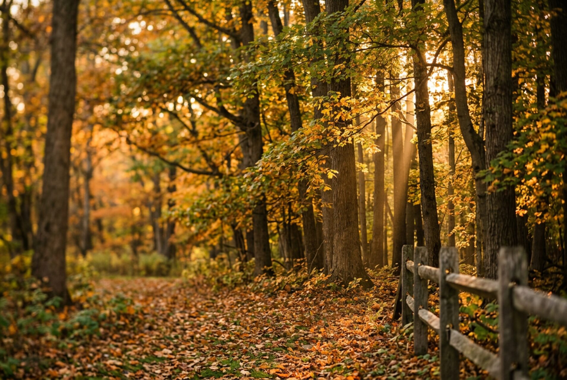 Golden autumn forest with sunlight filtering through hardwood trees along a leaf-covered path
